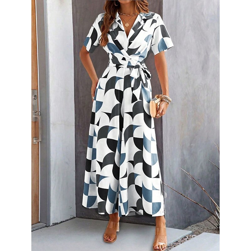 Women's Normal Jumpsuit Active Geometric Short Sleeve Wide Leg Shirt Collar Lace up High Waist Vacation Daily Regular Fit Black Red Green Summer4