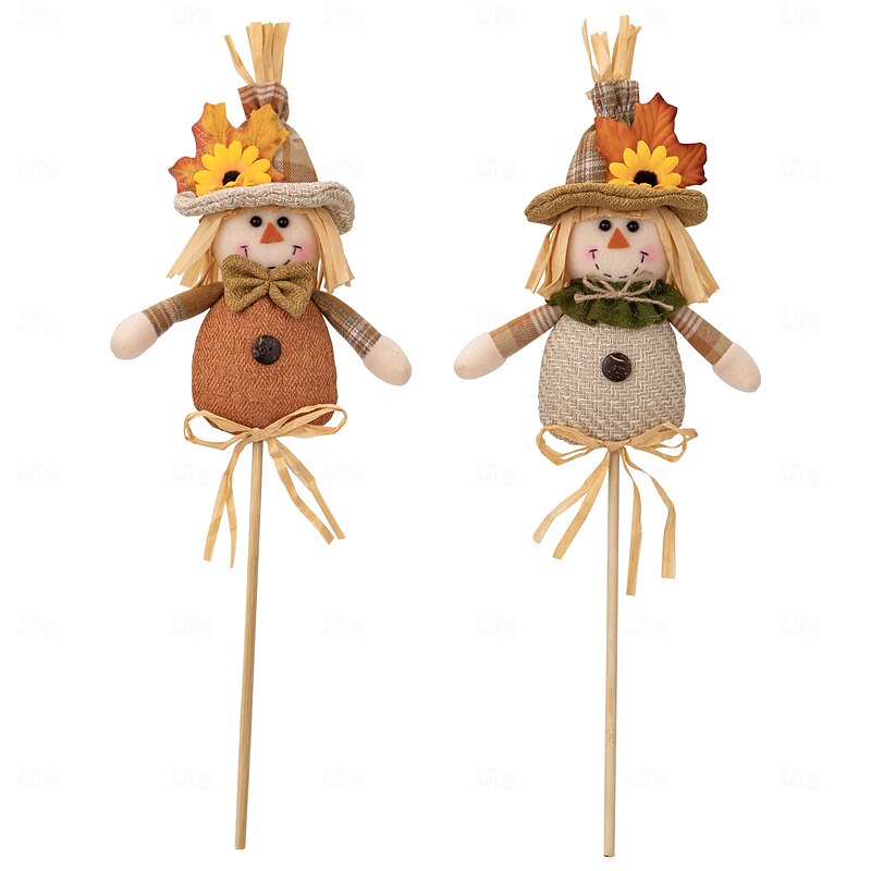 Fall Wooden Stick Dolls Thanksgiving Decor Harvest Season Boy and Girl Scarecrow Wooden Stick Dolls, Autumn Home Decor Vase Inserts for Fall Seasonal Decoration4