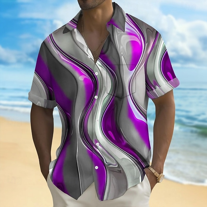 Men's Gradient Waves Shirt Summer Shirt Button Up Shirt Short Sleeve Fashion Casual Outdoor Vacation Dailywear Summer Spring Turndown 3D Print Collared Shirts Front One Pocket Purple