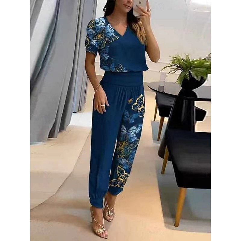 Women's Fashion Streetwear Daily Pants Sets Short Sleeve V Neck Graphic Print Casual Daily Navy Blue Blue Gold Summer Regular Fit4