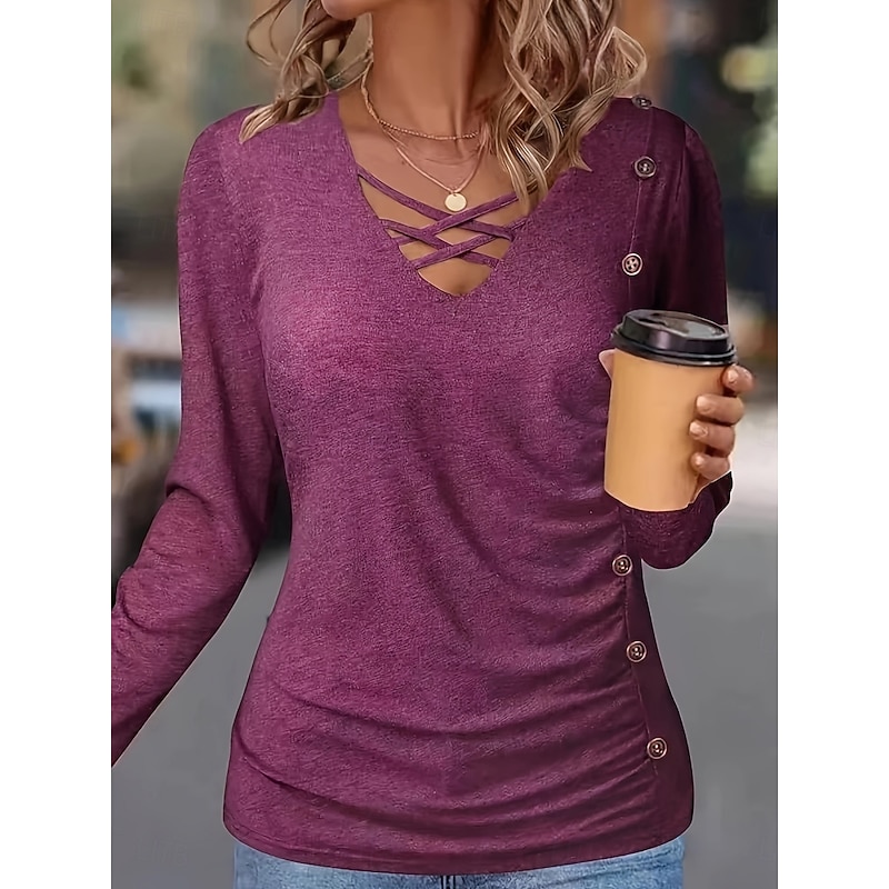 Women's Shirt Solid Color Stylish Casual Long Sleeve V Neck Regular Tops Daily Hollow Out Wine  Spring Prefall