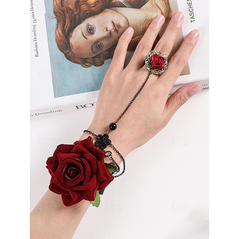 Women's Gothic Rose Bracelet and Ring Set, Red Fabric Flower with Black Lace and Chain, Perfect for Halloween Party, Cosplay, and Vintage Gothic Outfits4