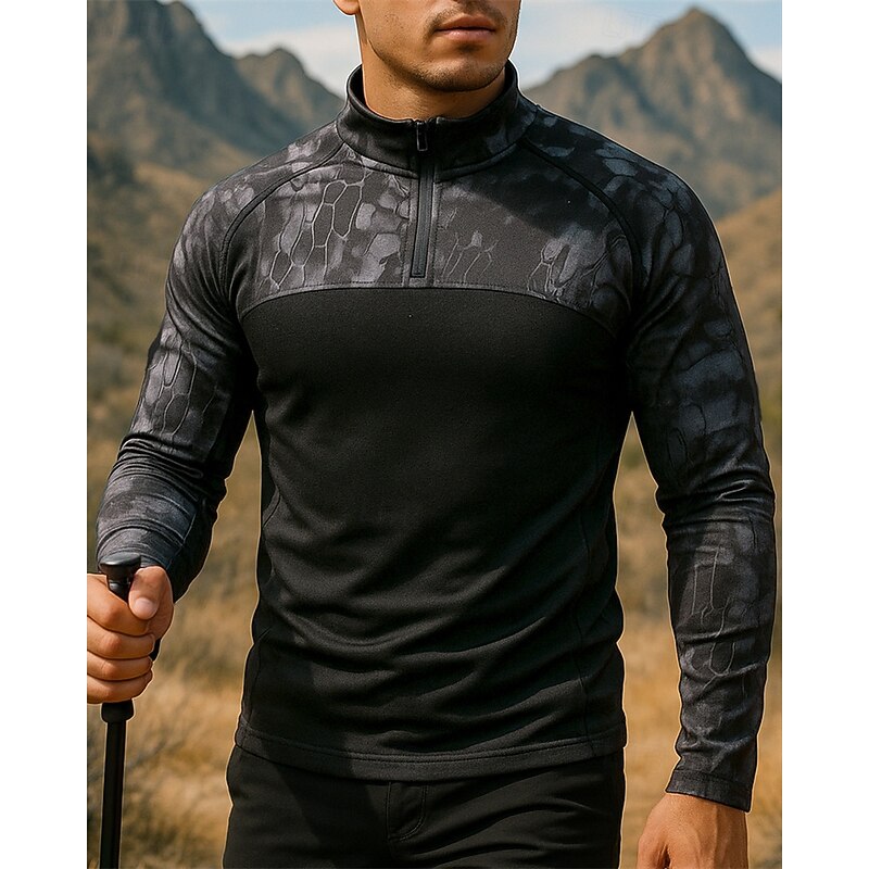 Men's Polo Sweatshirt Hiking top Long Sleeve Stand Collar Top Outdoor Breathable Quick Dry Lightweight Elastic Quarter-Zip Pullover Polyester Camouflage Black Army Green Grey Tennis Golf Running4