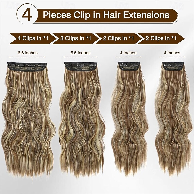 Clip In Hair Extensions Long Wavy Hair Extensions 4PCS Medium Brown Highlighted Blonde Clip Ins for Women Thick & Full Head Synthetic Hairpieces4