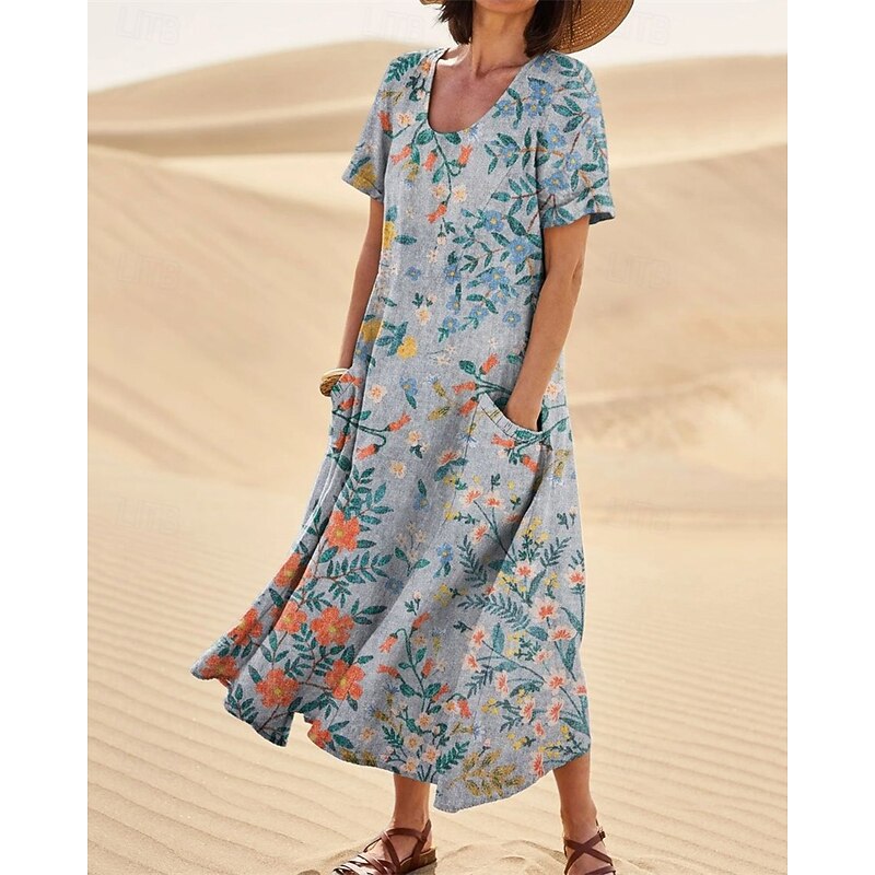Women's Long Dress Maxi Dress Casual Dress Swing Dress Summer Dress Elegant Fashion Romantic Outdoor Party Holiday Regular Fit Flower Short Sleeve Crew Neck Blue Rainbow Gray Summer2