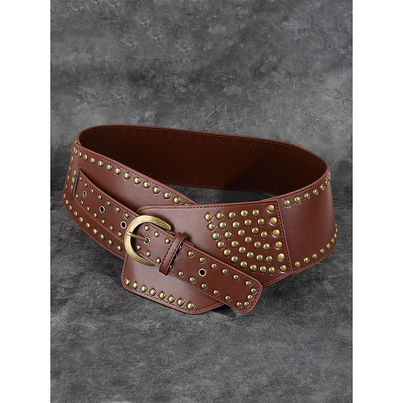 Women's Wide Black Brown Faux Leather Belt - Vintage Rivet Design with Brass Buckle, Perfect for Dresses, Cosplay and Gothic Costumes