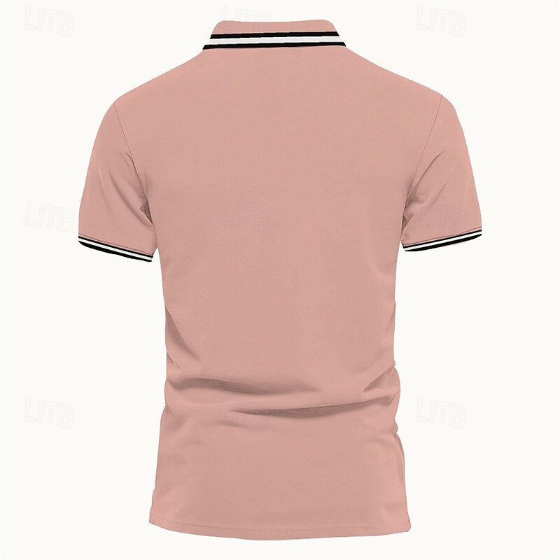 Men's Polo Button Up Polos Casual Sports Lapel Short Sleeve Fashion Basic Stripes Patchwork Buttons Summer Spring Black Pink Wine Brown Polo3
