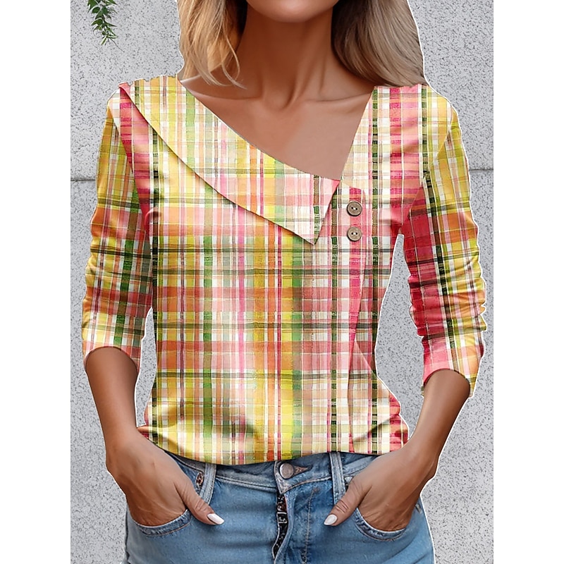 Women's T Shirt Graphic Plaid Vintage Stylish Basic Asymmetric Neck Regular Tops Daily Going out Weekend Buttons Yellow Blue Orange Summer Spring Fall2