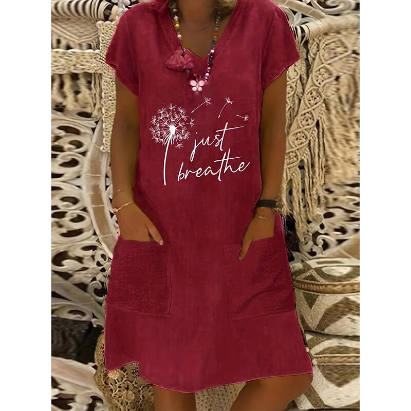 Women's Midi Dress Linen Dress Casual Dress Boho Dress Print Dress Elegant Fashion Classic Puff Sleeve Vacation Holiday Fall Dress Regular Fit Dandelion Short Sleeve V Neck Yellow Light Green