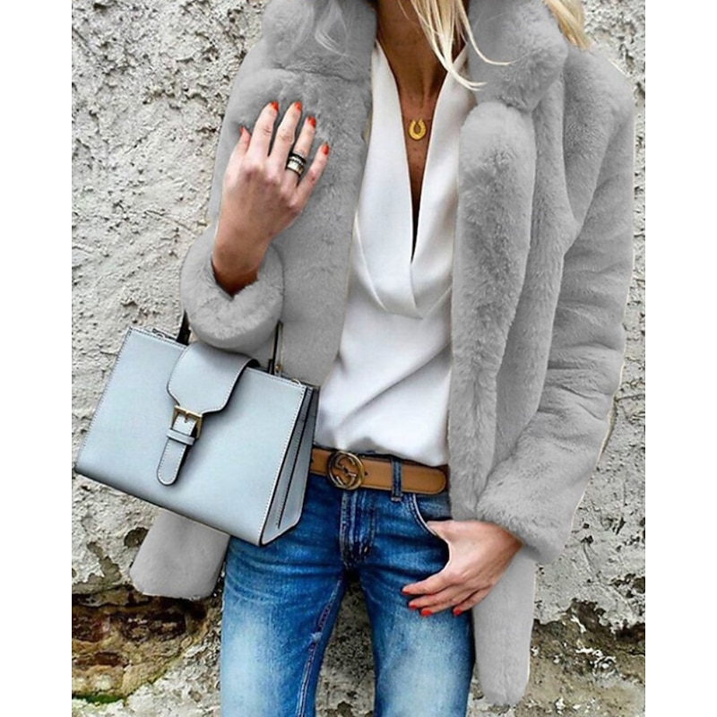 Women's Coat Warm Comfortable Fur Collar Casual Plain Going out Casual Daily Open Front Regular Turndown Regular Fit Long Sleeve Outerwear White Pink Red Fall Winter3