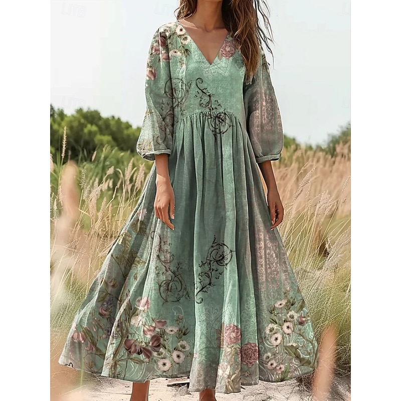 Women's Maxi Dress Sundress A Line Dress Pleated Dress Vacation Casual Boho Going out Loose Fit Floral Graphic 3/4 Length Sleeve V Neck Green Dark Blue