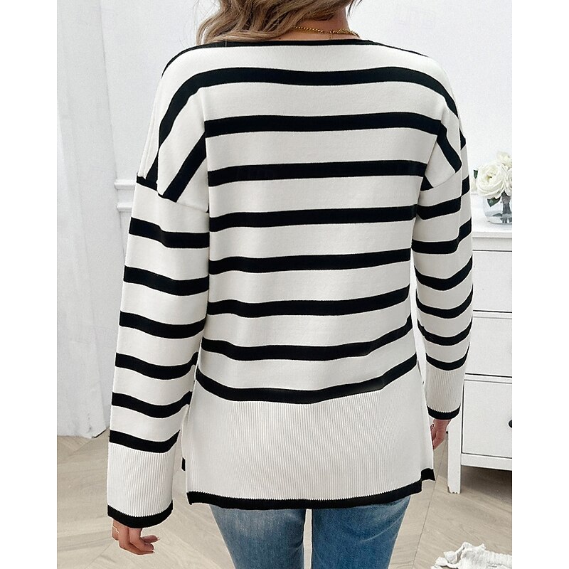 Women's Sweater Pullover Casual Soft Striped Ribbed V Neck Patchwork Knitted Long Sleeve Regular Tops Knit Daily Holiday Going out Black White Fall Winter3