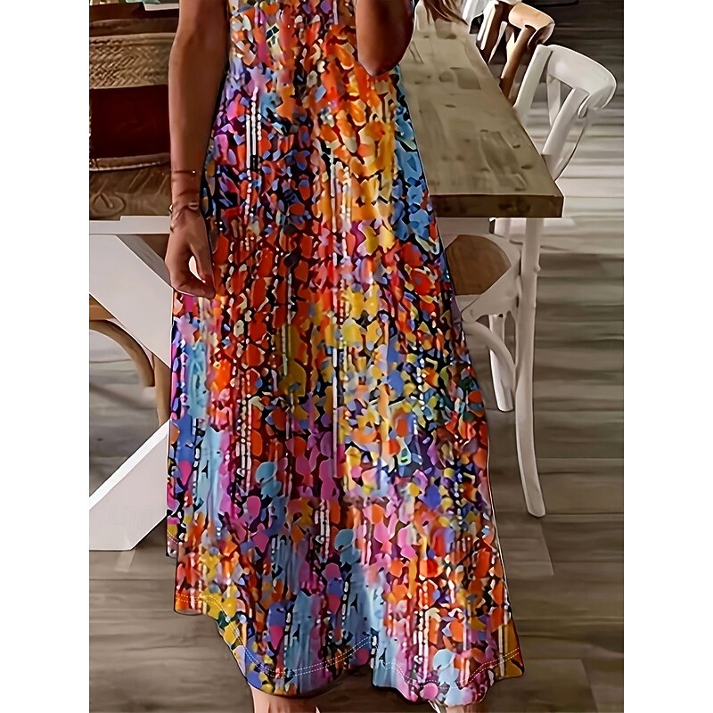 Women's Maxi Dress Casual Dress A Line Dress Summer Dress Elegant Vacation Casual Regular Fit Floral Graphic Abstract Short Sleeve U Neck Red Light Brown Summer Spring Fall3