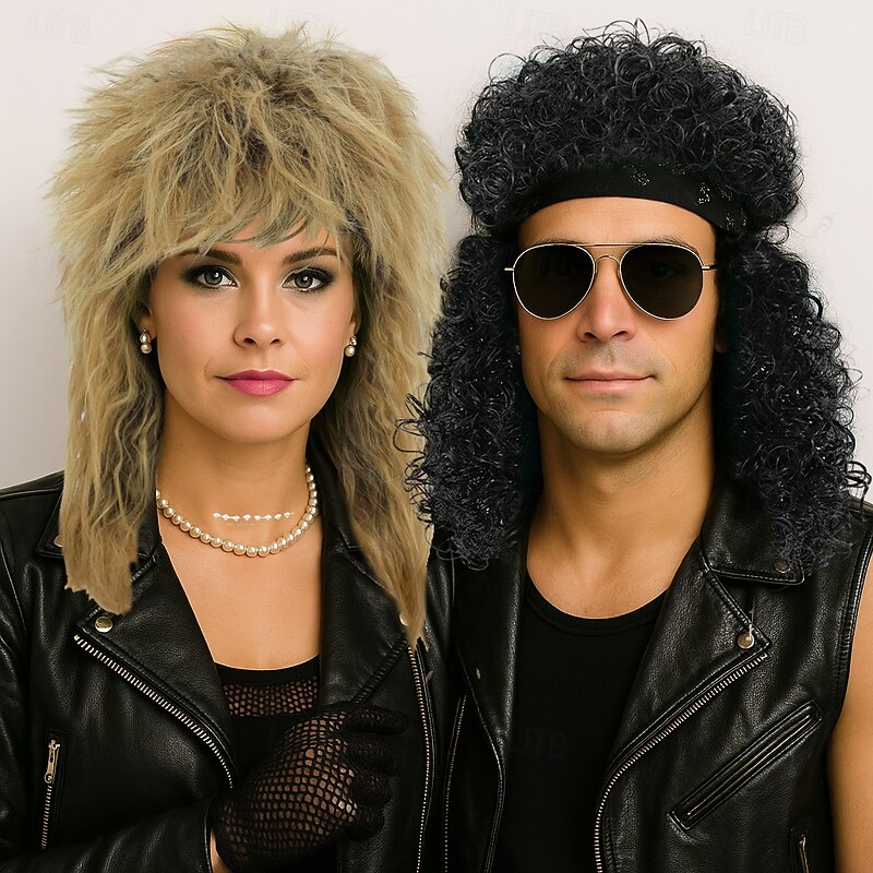 70s 80s Rocker Mullet Wig Cosplay Wig Mens Long Curly Black Wig Carnival Party Costume Wig