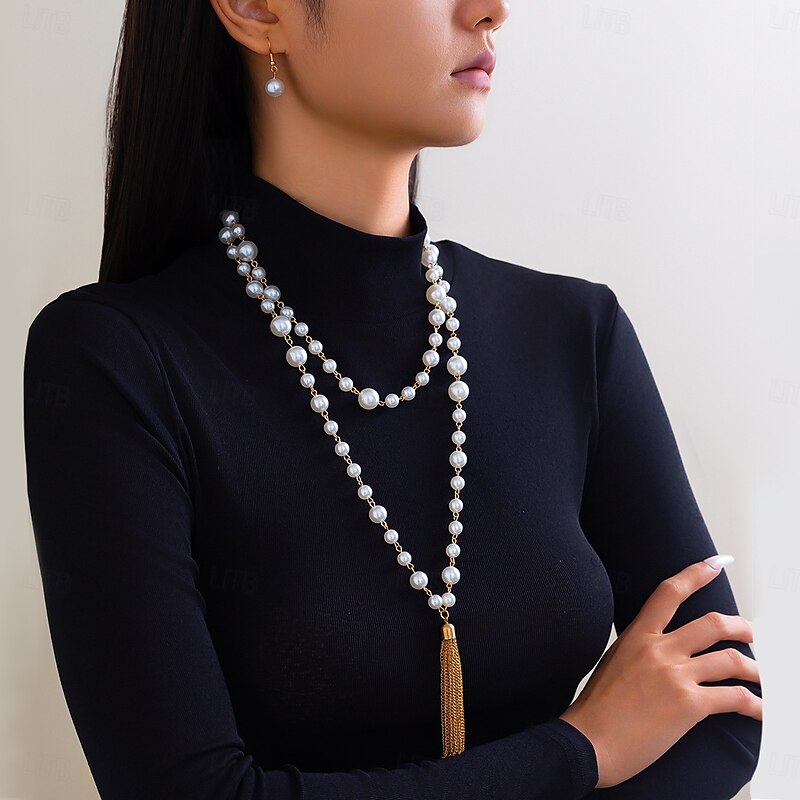 Long Necklace Pearl Women's Elegant Tassel Tassel Fringe Wedding Drops Necklace For Wedding Party Prom