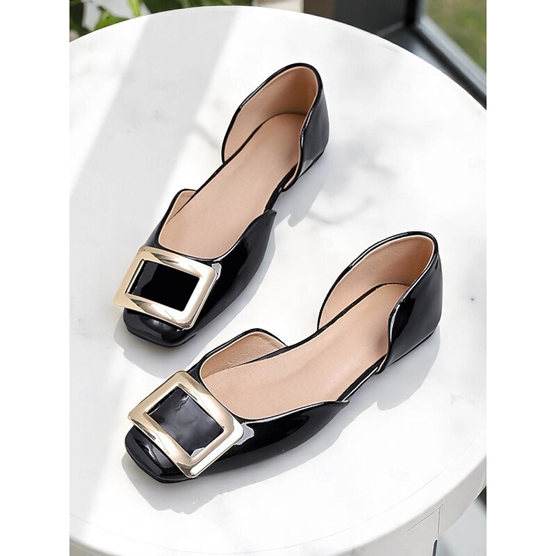 Women's Black Patent Leather Flats with Gold Buckle, Elegant Square Toe, Office Slip-On Shoes for Work and Daily Wear2