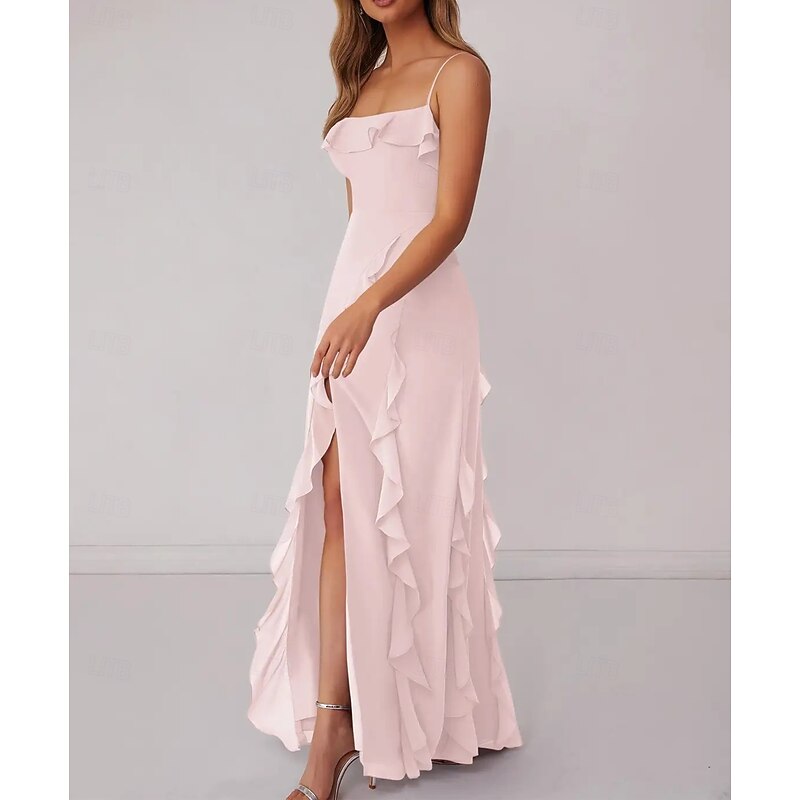 A-Line Bridesmaid Dress Spaghetti Strap Sleeveless Elegant Floor Length Chiffon with Ruffles / Split Front4