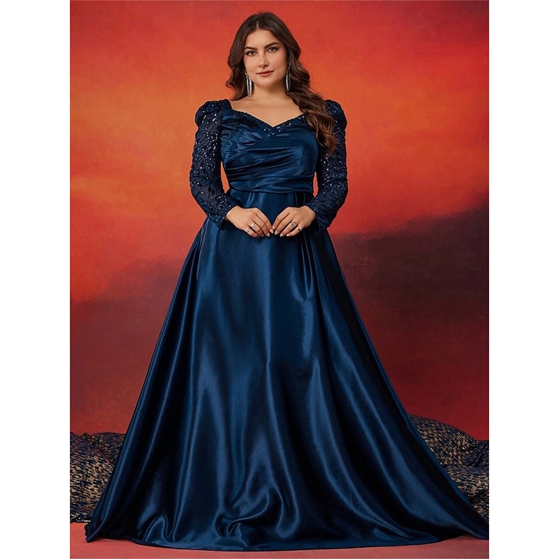 A-Line Plus Size Dresses Elegant Curve Dress Formal Wedding Floor Length Long Sleeve Sweetheart Satin with Pleats3