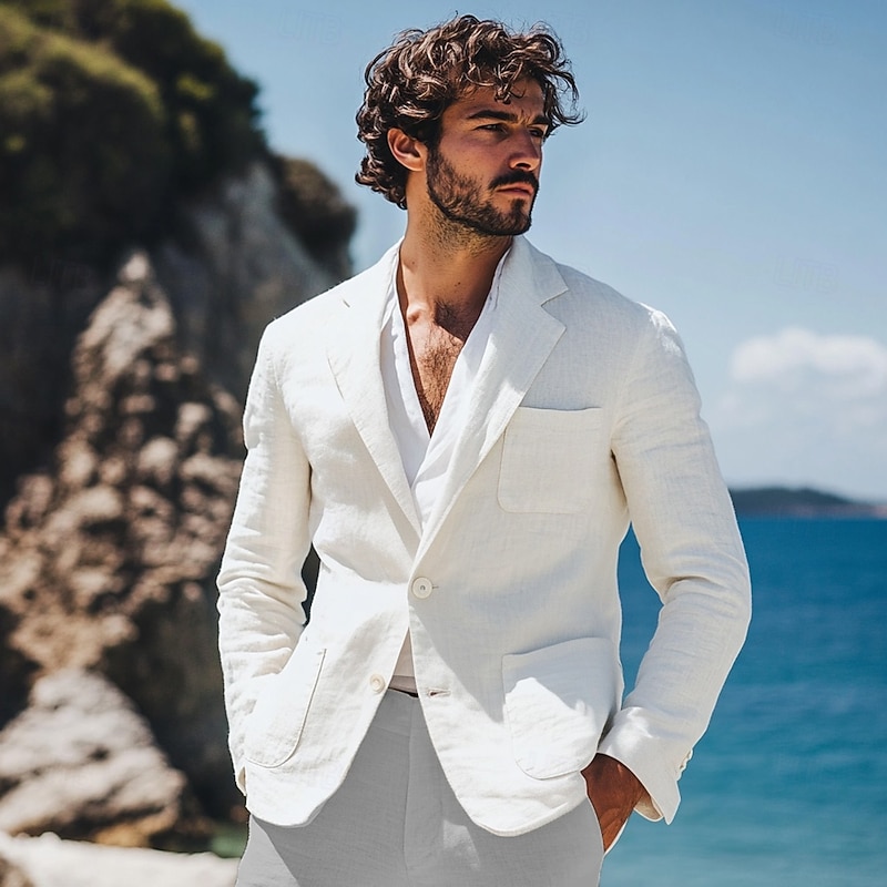 Men's Linen Blazer Sport Coat Casual Daily Vacation Fashion Summer Spring Linen Cotton And Linen Solid Color Comfy Single Breasted Two-button Blazer White Beige2