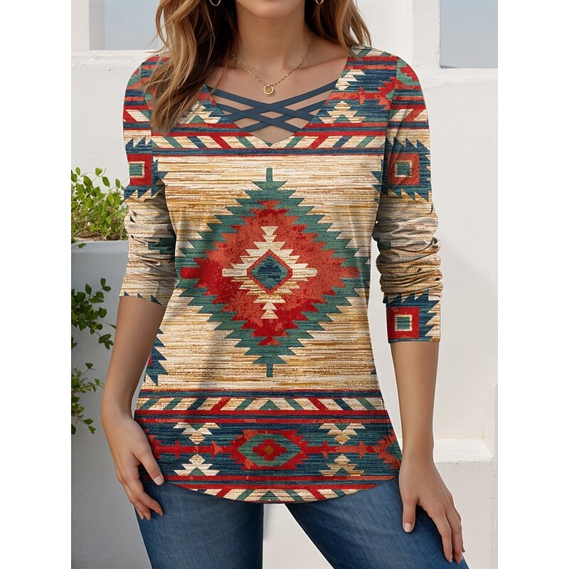 Women's T Shirt Graphic Geometric Abstract Vintage Stylish Modern Long Sleeve V Neck Regular Tops Daily Cut Out Print Red Brown Khaki Spring Fall