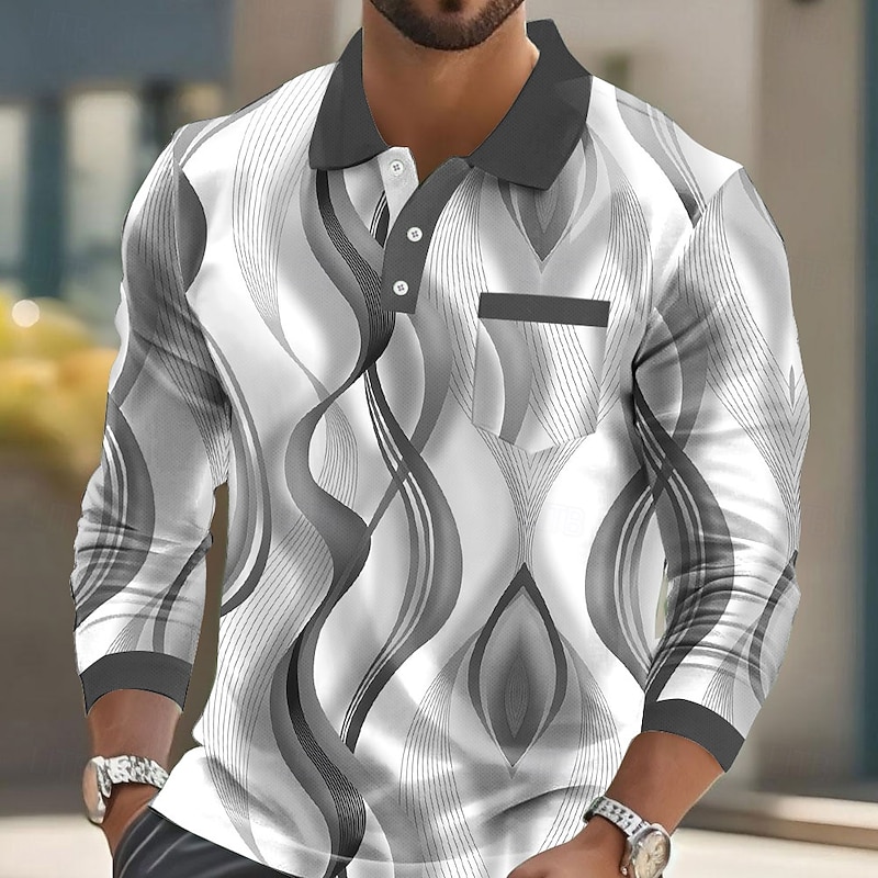 Men's Geometric Polo Long Sleeve Polo Shirts Collared Shirts Casual Business Casual Business Athleisure Daily Wear Buttons Pocket 3D Print Spring Fall Winter Blue Purple Green4
