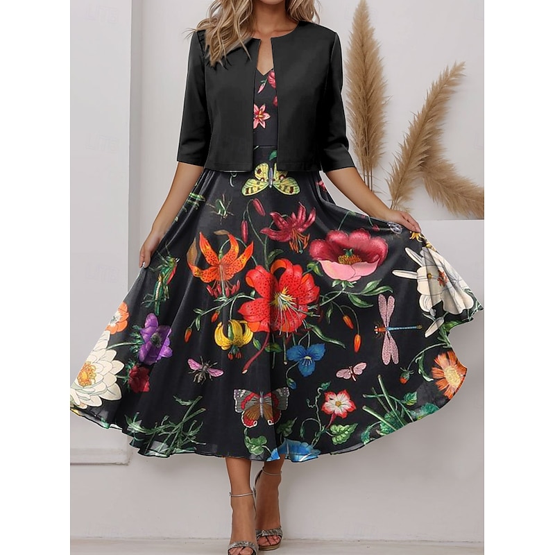 Women's Two Piece Dress Sets Midi Dress with Jacket Elegant A Line Dress Half Sleeve Party Semi Formal Floral Graphic Print V Neck Party Wedding Guest Black Blue Purple Regular Fit2