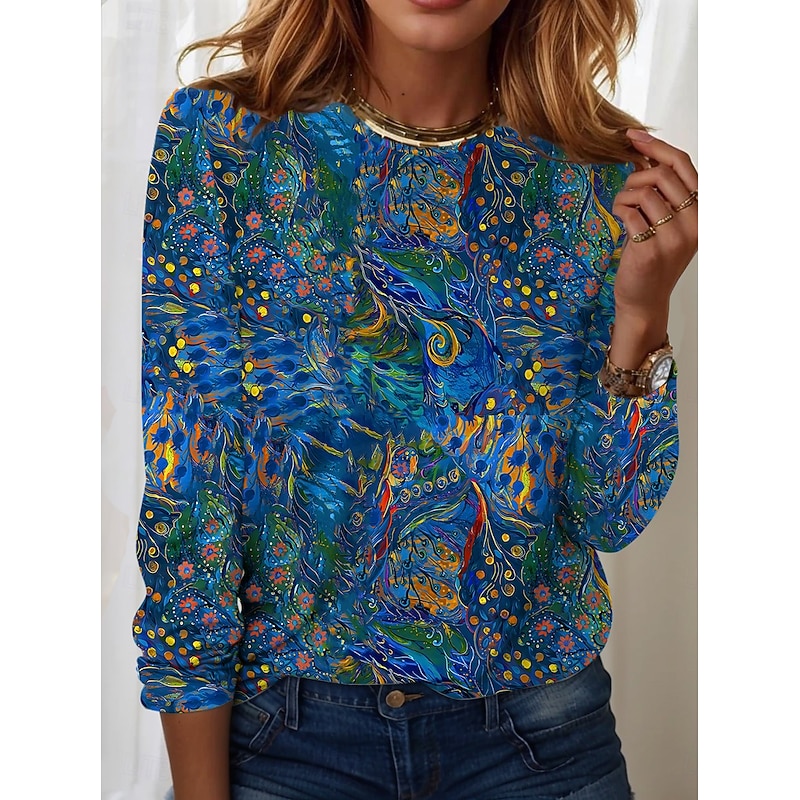 Women's T Shirt Casual Print Regular Tops Daily Blue Sky Blue Spring Fall