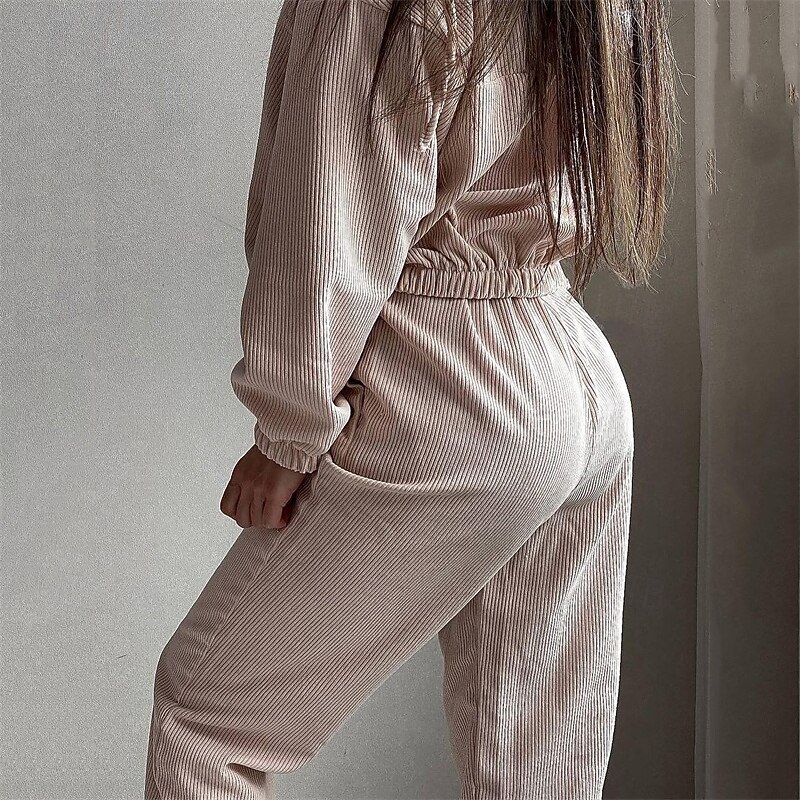 Women's Tracksuit Sweatpants Hooded Jacket Zipper Pocket Solid Colored Clothing Suit Fall Light Grey Apricot Corduroy Gym Workout Sports Windproof Long Sleeve Sport Activewear Micro-elastic Regular3