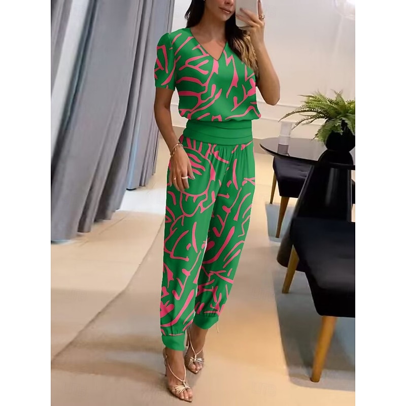 Women's Fashion Streetwear Daily Pants Sets Short Sleeve V Neck Graphic Print Casual Daily Navy Blue Blue Gold Summer Regular Fit