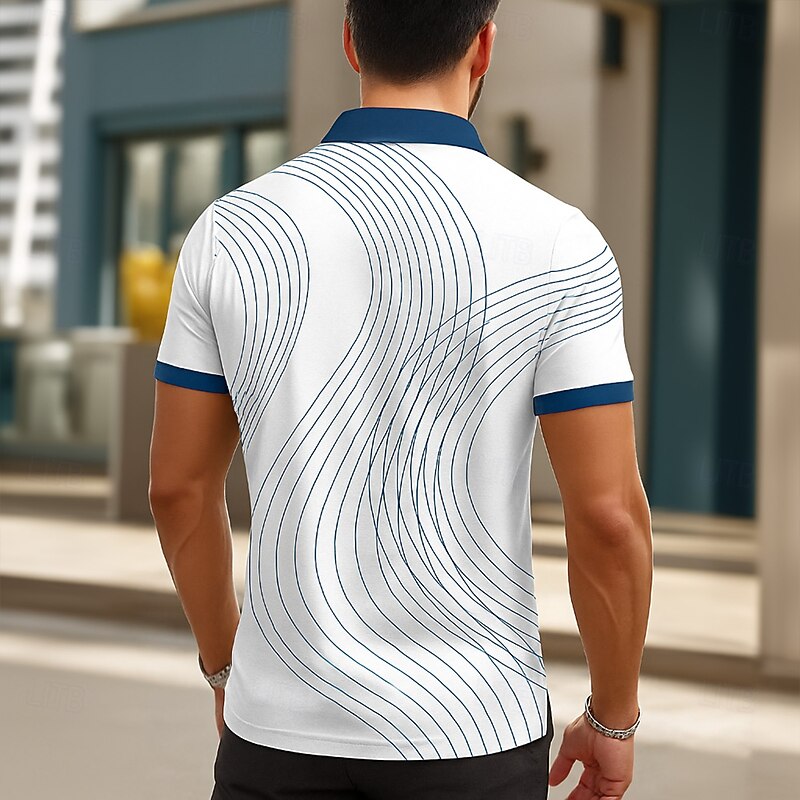 Men's Abstract Line Polo Short Sleeve Polo Shirts Turndown Business Casual Casual Buttons Pocket Summer White2