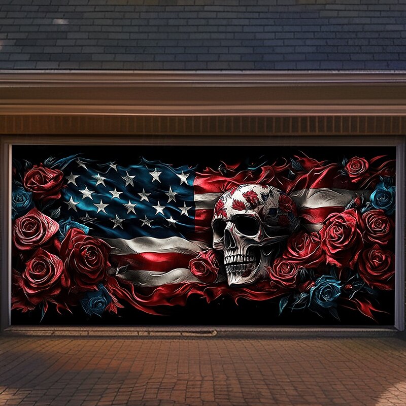 Halloween Door Decorations Garage Door Cover Skull 4th of July Independence Day Outdoor Banner Large Backdrop for Holiday Outdoor Garage Door Home Wall Decorations4