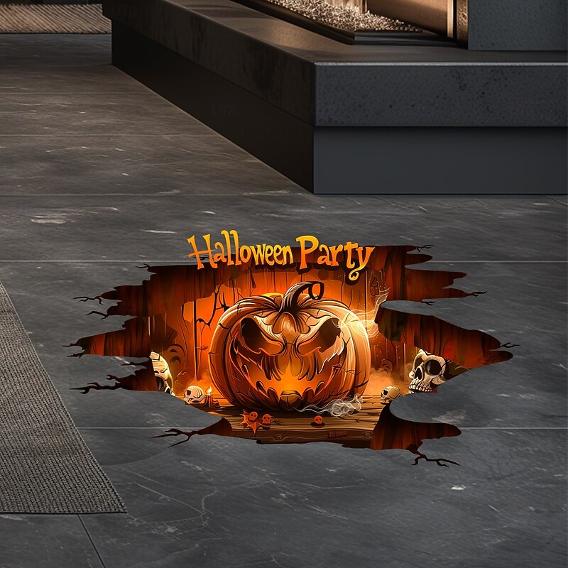 Halloween Floor Wall Decal Sticker 3D Scary Pumpkin Breakthrough Design, Self-Adhesive Floor and Wall Decor for Living Room and Bedroom3