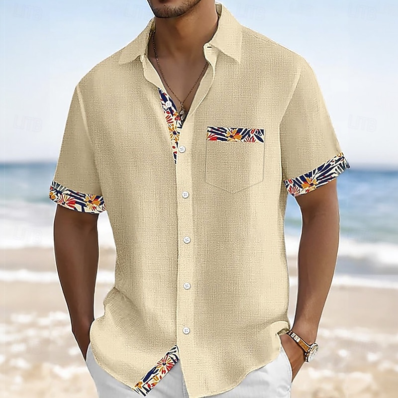 Men's Floral&Plants Flowers Shirt Summer Shirt Button Up Shirt Short Sleeve Fashion Casual Vacation Holiday Streetwear Summer Turndown 3D Print Front One Pocket Linen Like Shirt Black White Orange