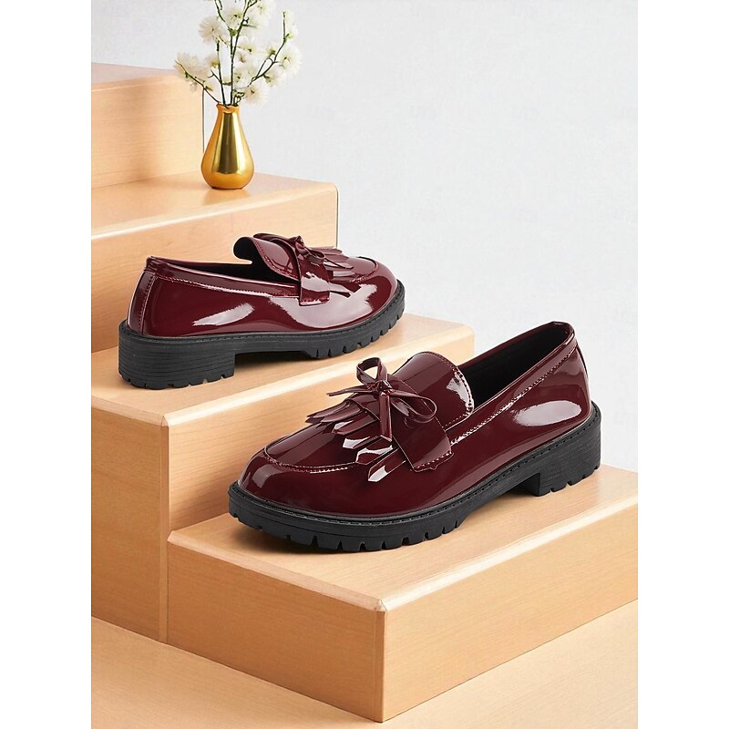Women's Burgundy Patent Leather Loafers with Tassel and Bow, Vintage Flat Shoes for Casual Dates and Daily Wear4