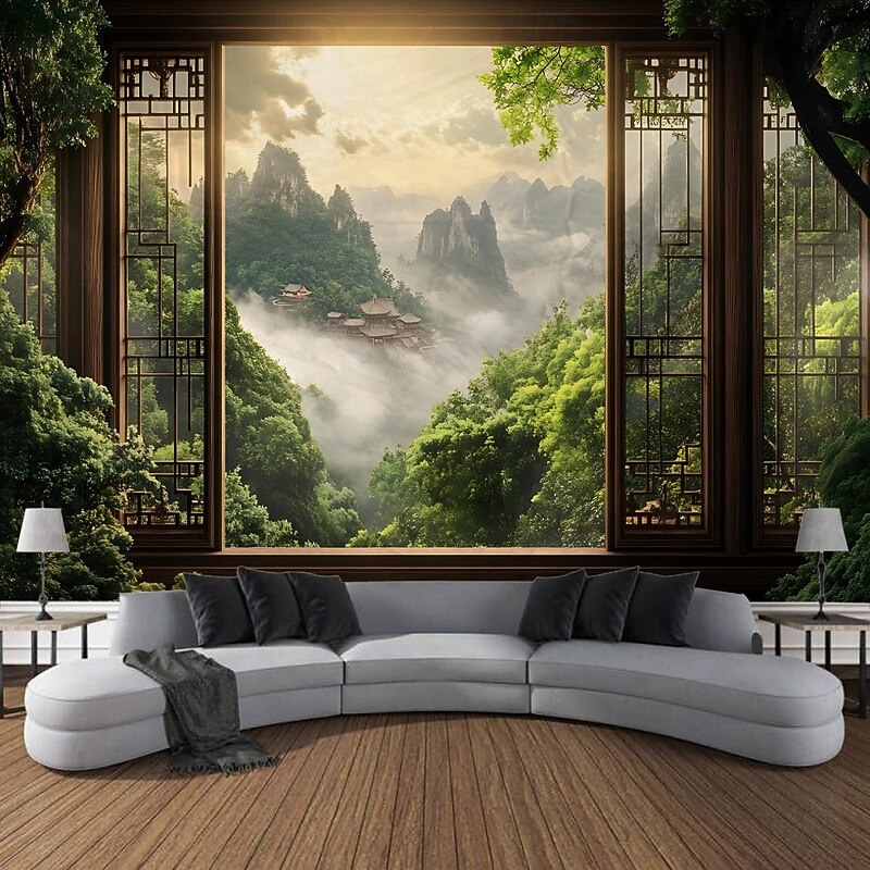 Vintage bamboo forest tree scenery tapestry decorative art blanket curtain hanging home bedroom living room decoration2