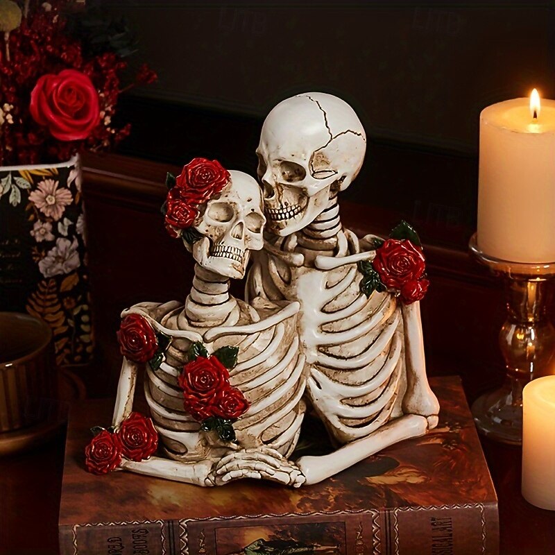 Romantic Rose Skull Figurines A Touch of Love for Your Home - Perfect for Halloween or Anytime - Resin Material Suitable for Indoor and Outdoor Use