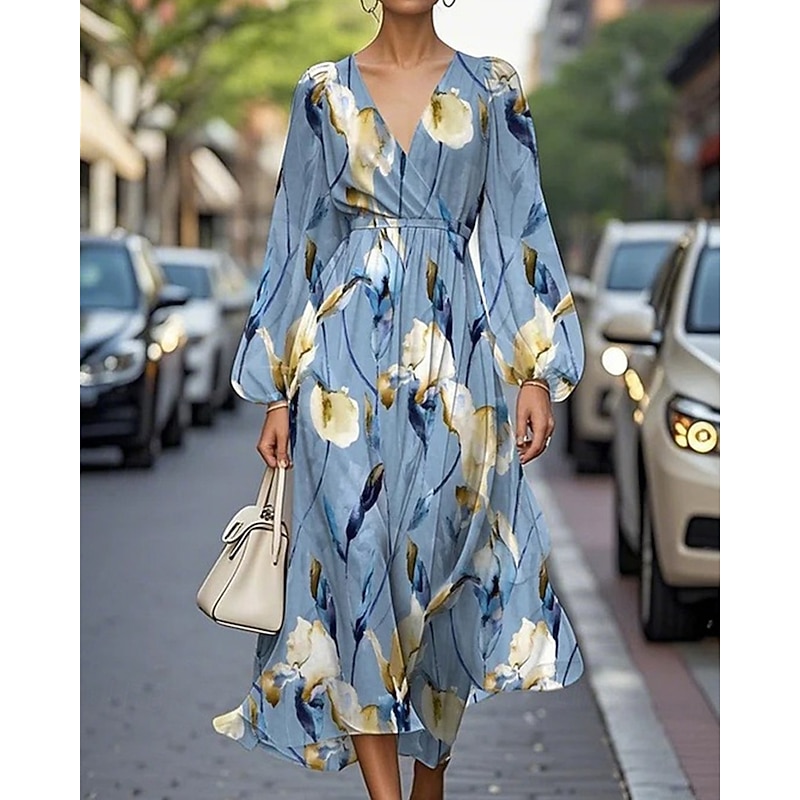 Women's Midi Dress Casual Dress Print Dress Elegant Fashion Outdoor Party Holiday Regular Fit Flower Long Sleeve V Neck Pink Blue Green Summer Spring