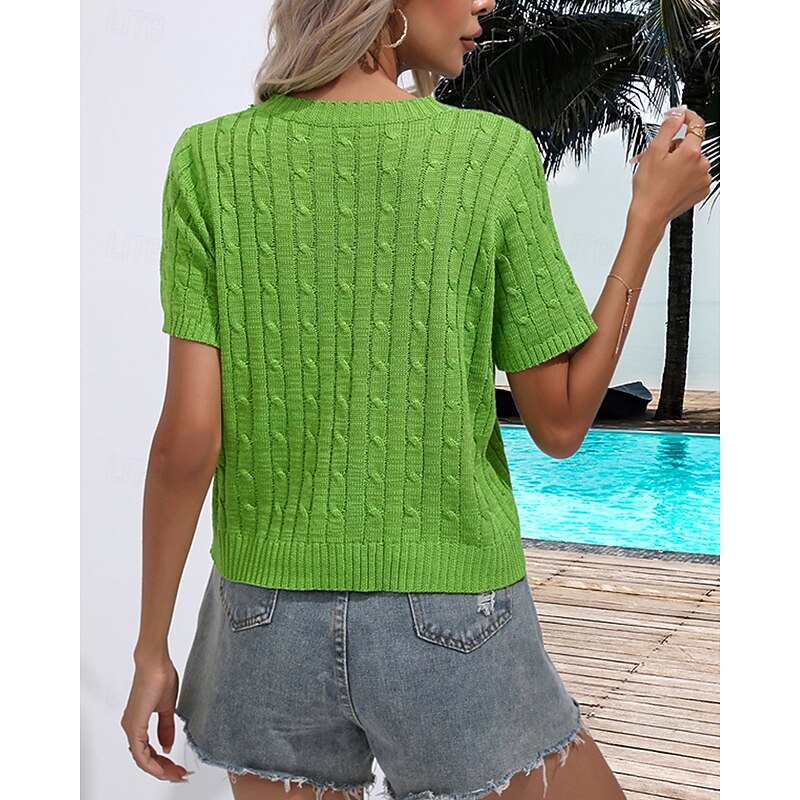 Women's Pullover Casual Solid Color Chunky Crew Neck Knitted Short Sleeves Regular Tops Knit Daily Holiday Going out White Yellow Summer3