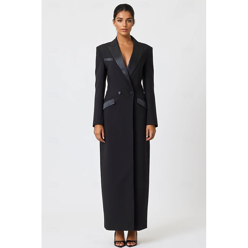 Tuxedo Dress Sheath / Column Formal Wedding Guest Elegant Long Sleeve Ankle Length Split Thigh Peak Lapel Single Breasted3