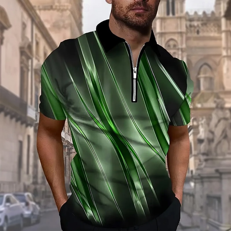 Men's Abstract Geometic Zip Polo Short Sleeve Turndown Modern Casual / Sporty Athleisure Casual Daily Zipper 3D Print Summer Green