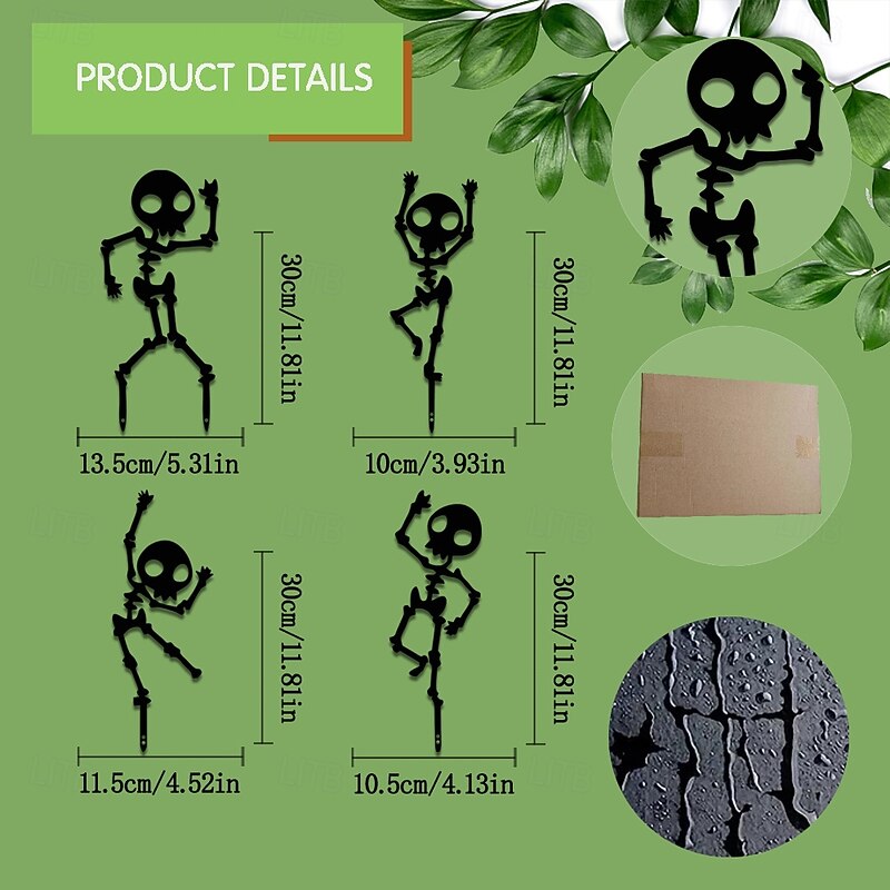 4pcs Weatherproof Metal Skeleton Garden Stakes - Easy Install Durable Spooky Halloween Decor for Outdoor Lawn (Black Golden Silvery White)4
