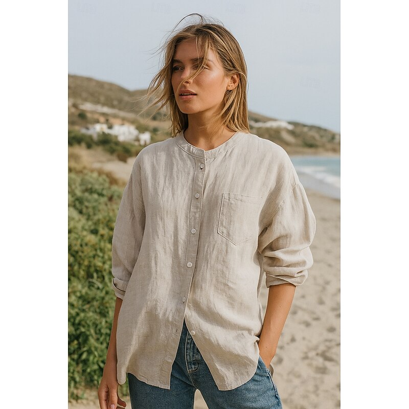 Women's Shirt Button Down Blouse Daily Retro Vintage Casual 3/4 Length Sleeve Crew Neck Regular Tops Work Daily Light Blue Forest Green Hemp White Summer Spring Fall