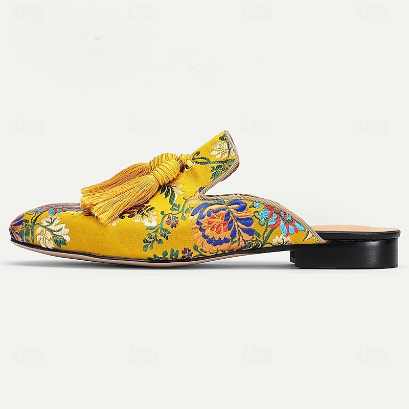Men's Yellow Premium Cowhide Mules with Vibrant Floral Embroidery and Tassel Detail – Chic Footwear for Summer Gatherings and Casual Festivities3