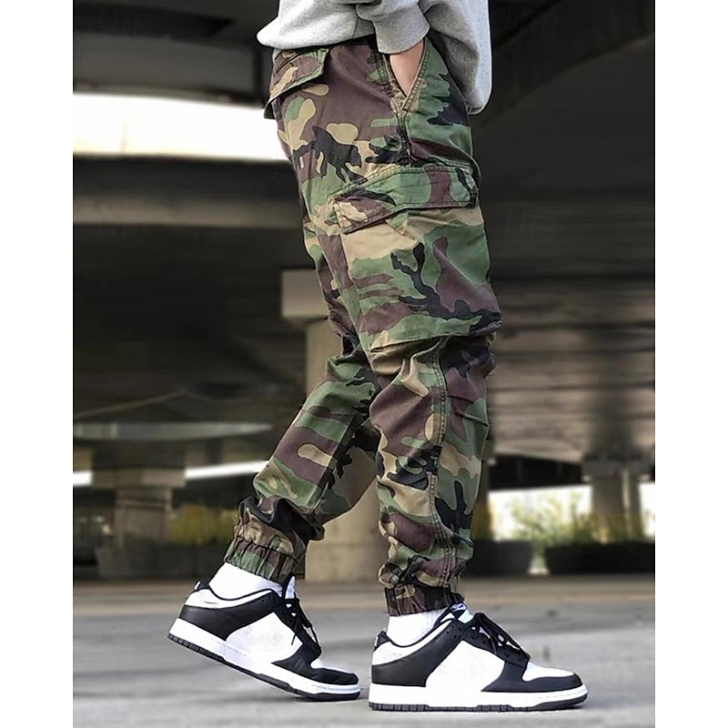 Men's Cargo Pants Trousers Camo Pants Elastic Waist Drawstring Multi Pocket Camouflage Wearable Outdoor Daily Camping & Hiking Fashion Classic Green Gray2