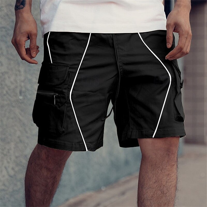 Men's Cargo Shorts Shorts Summer Shorts Drawstring Elastic Waist Multi Pocket Patchwork Comfort Wearable Knee Length Outdoor Sport Daily Fashion Casual Black White4