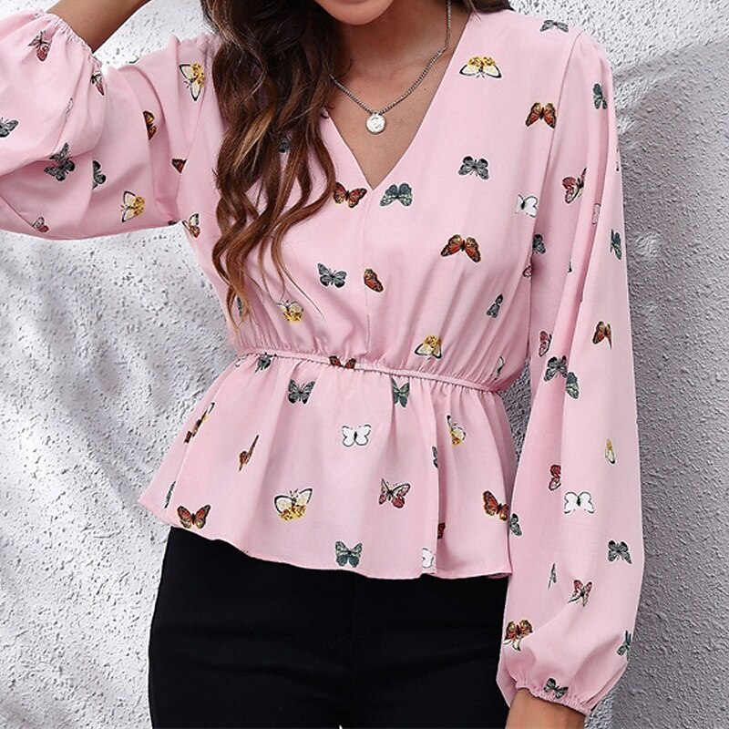 Women's Summer Tops Chiffon Tops Butterfly Daily Stylish Basic Long Sleeve Lantern Sleeve V Neck Regular Tops Work Daily Holiday Print Pink Spring Fall2