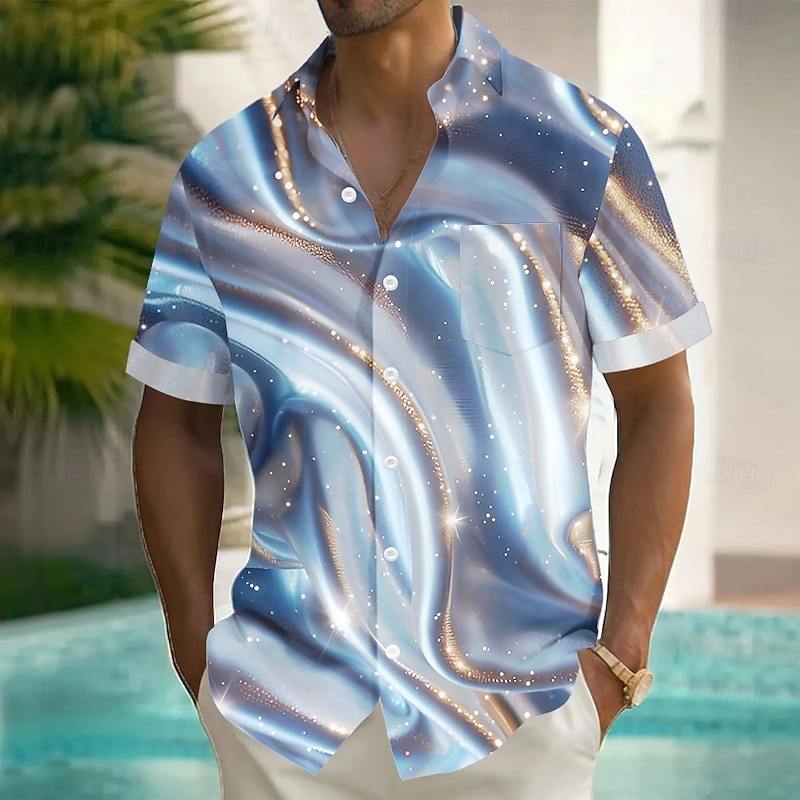 Men's Geometric Waves Abstract Art Shirt Summer Shirt Button Up Shirt Short Sleeve Fashion Casual Vacation Holiday Streetwear Summer Turndown 3D Print Front One Pocket Linen Like Shirt Blue Purple