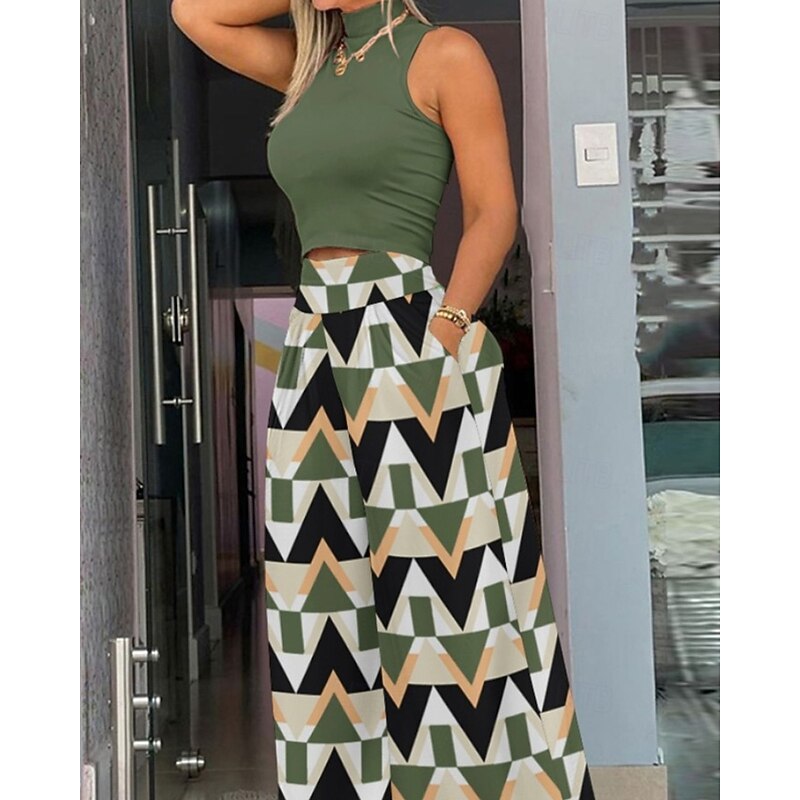 Women's Wide Leg Slacks Streetwear Full Length Natural Geometry Pocket Elastic Waist Comfy Outdoor Street Holiday Daily Wear Earth Yellow Green Fall Regular Fit4