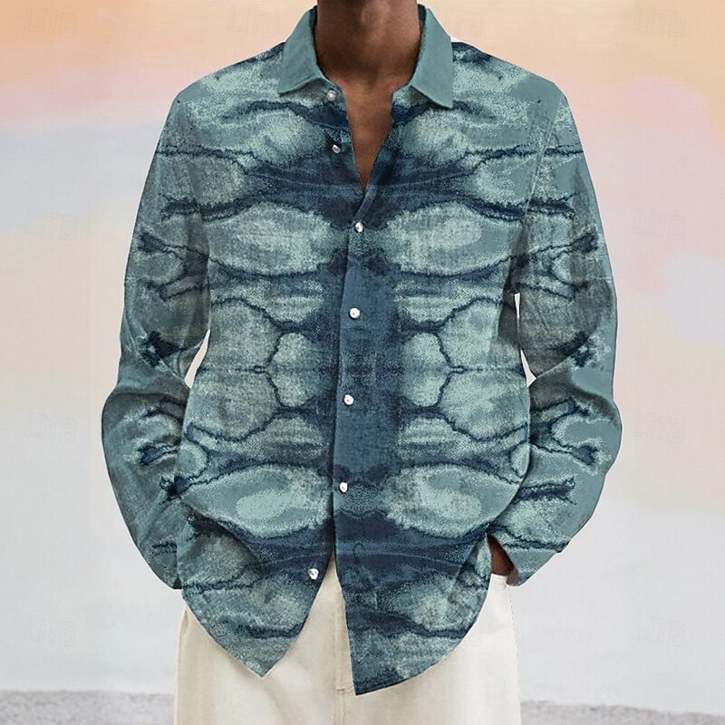 Men's Geometric Gradient Abstract Art Shirt Button Up Shirt Long Sleeve Fashion Casual Vacation Daily Spring Fall Turndown 3D Print Linen Like Shirt Blue Green