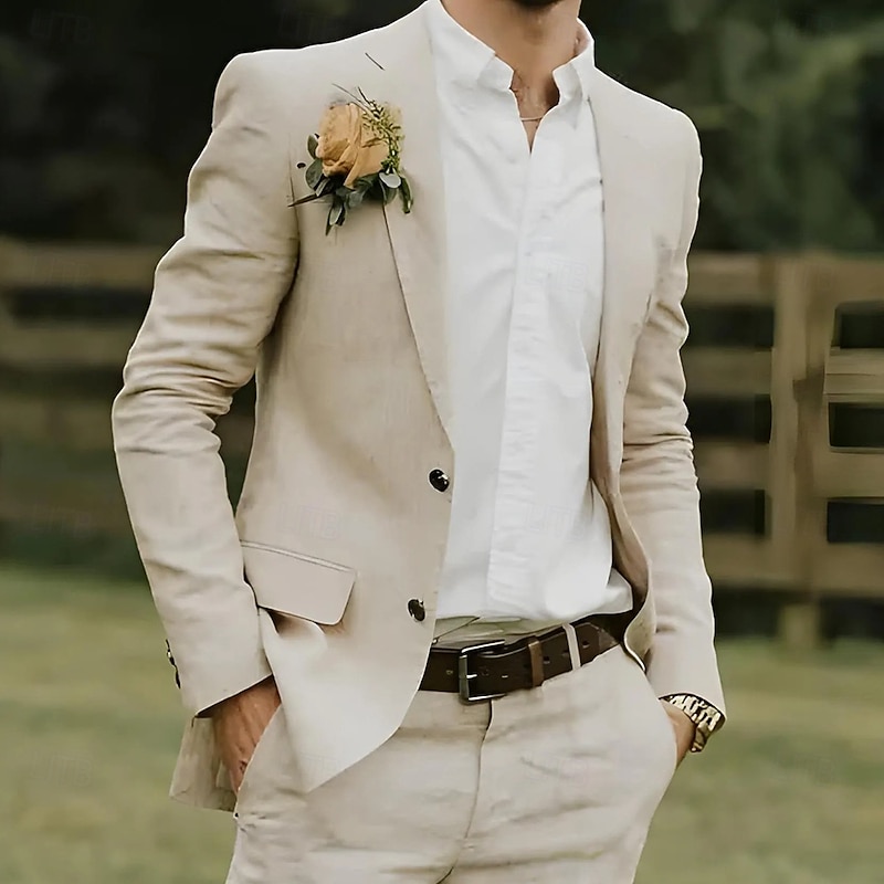Men's Wedding Linen Suits Notch Lapel Beige Lightweight Casual Solid Colored Standard Fit 2 Piece Single Breasted Two-buttons